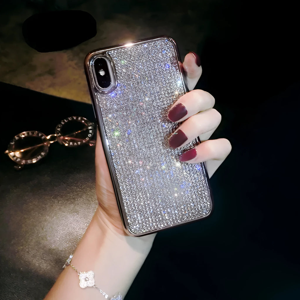 Silver silicone iPhone case with full diamond crystal decoration showing front and back views