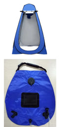 Blue fast opening outdoor camping changing and shower tent set up with wind ropes.