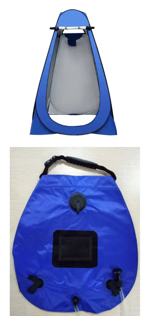 Blue fast opening outdoor camping changing and shower tent set up with wind ropes.