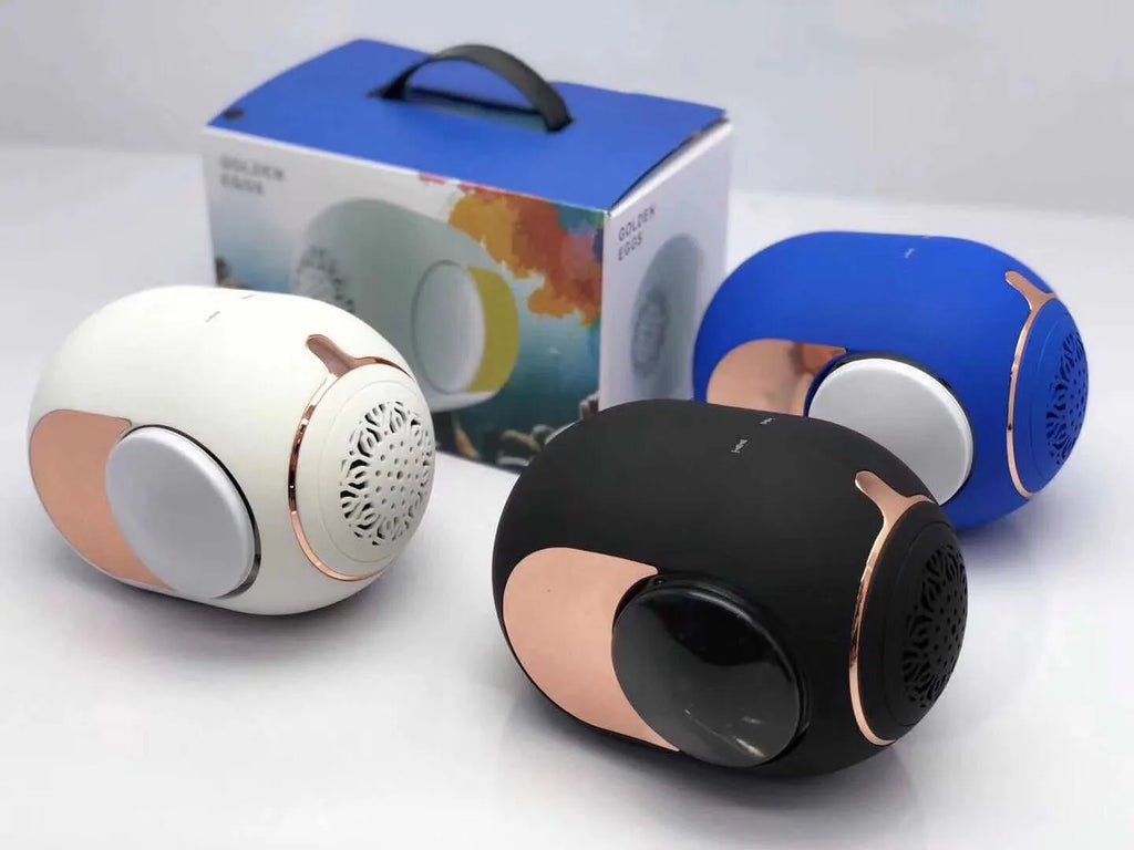 Small golden egg shaped wireless Bluetooth speaker in black white or blue colour