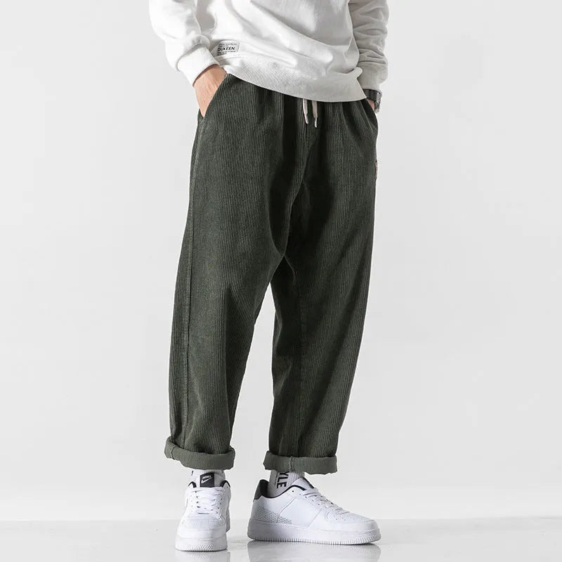 Men's loose straight corduroy sports trousers in multiple colour options with elastic waist