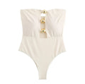 White one-strap swimsuit with metal decoration, slim fit polyester swimwear for women in sizes S, M, L