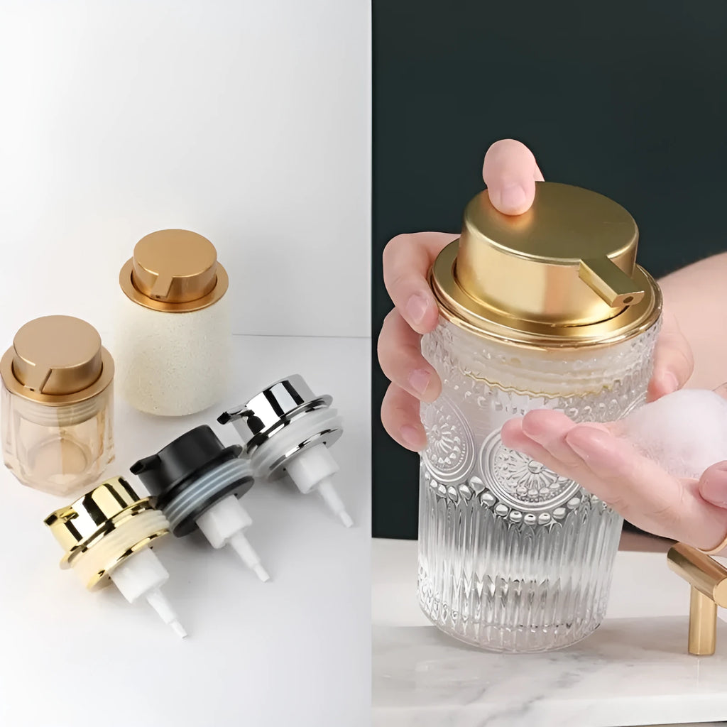 Foam pump head for facial cleanser with large pump design in Asian gold colour