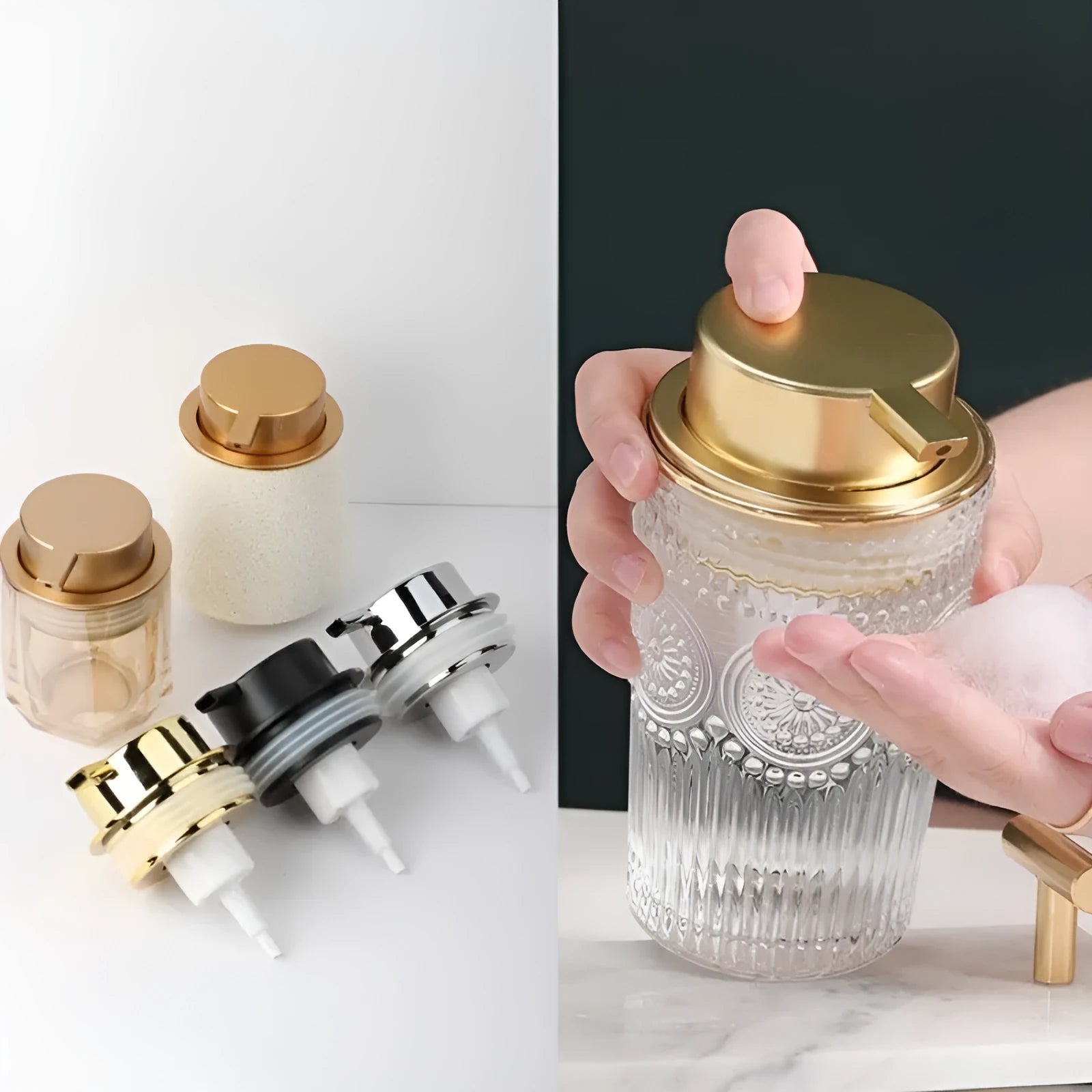 Foam pump head for facial cleanser with large pump design in Asian gold colour