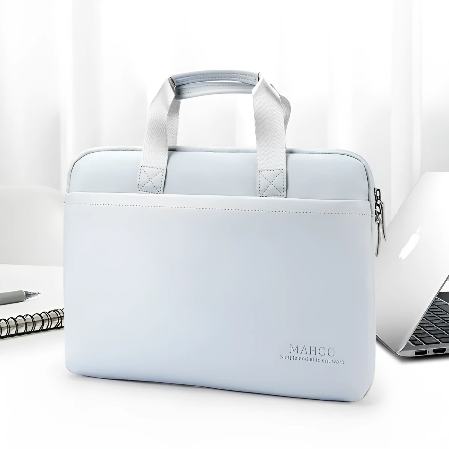 Beige PU leather laptop bag for MacBook Pro with zipper closure and soft handle