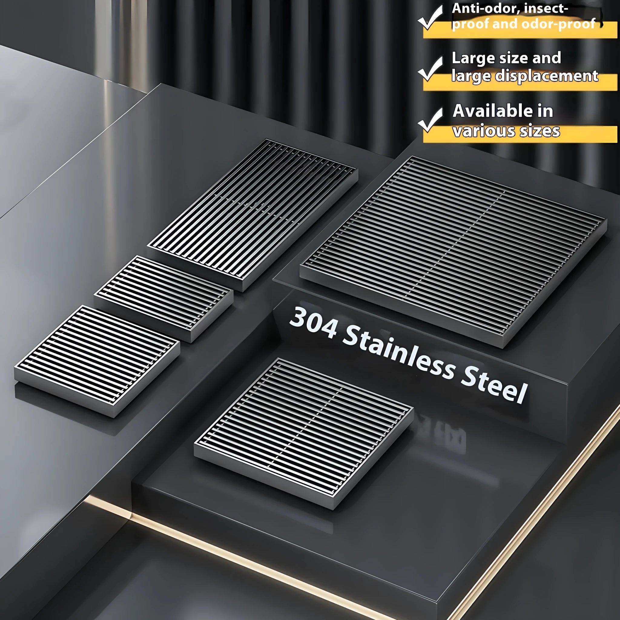 Gun grey 304 stainless steel courtyard floor drain with ABS plastic core measuring 15x15cm