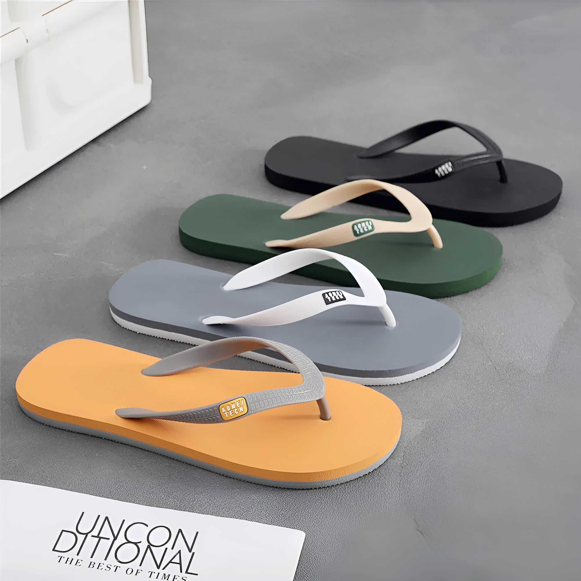 Men's black vulcanised rubber sole flip-flops with a textured EVA foam upper.