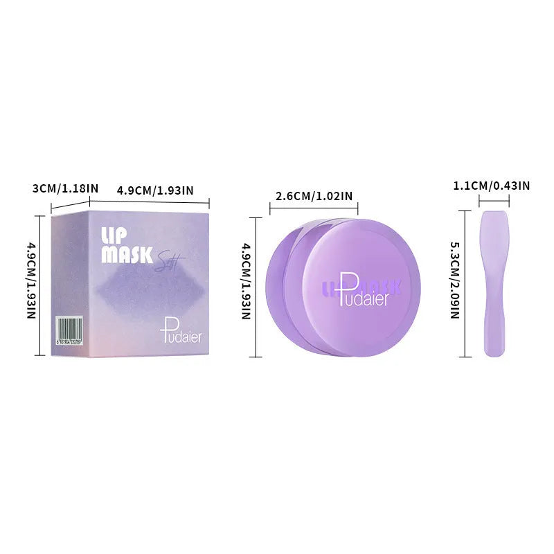 Box containing exfoliating lip balm, a lip film, and a scraper tool for lip care.