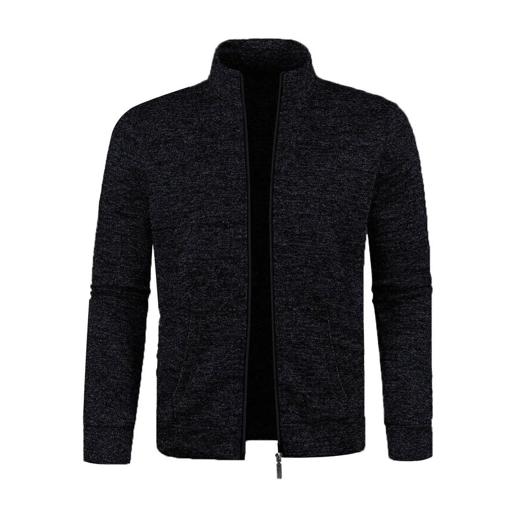 Men's long zipper light fleece jacket plus size casual loose cardigan in dark gray on model