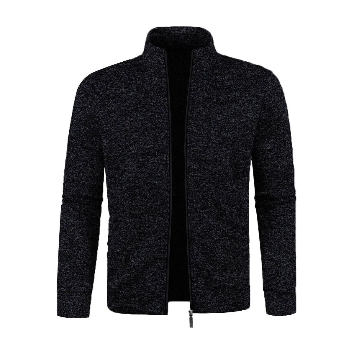 Men's long zipper light fleece jacket plus size casual loose cardigan in dark gray on model