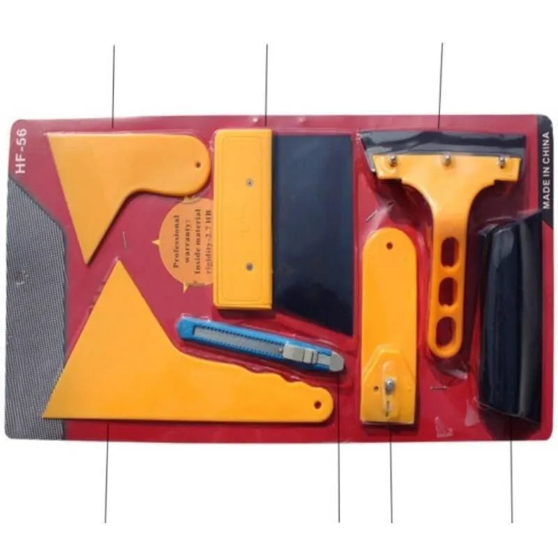 Seven-piece car film tool set with scrapers, knives, and applicators for automotive and screen protector installation.
