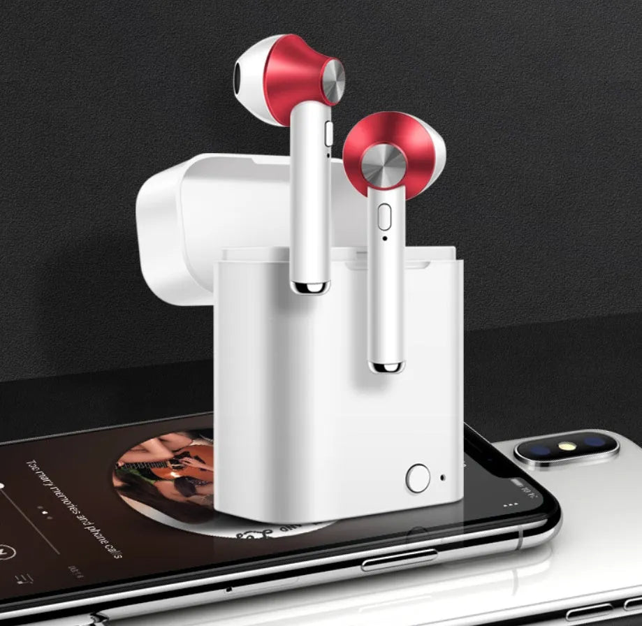 Sports Bluetooth wireless earbuds in black, gold, red, rose gold, or silver colour with 10-metre range and battery display