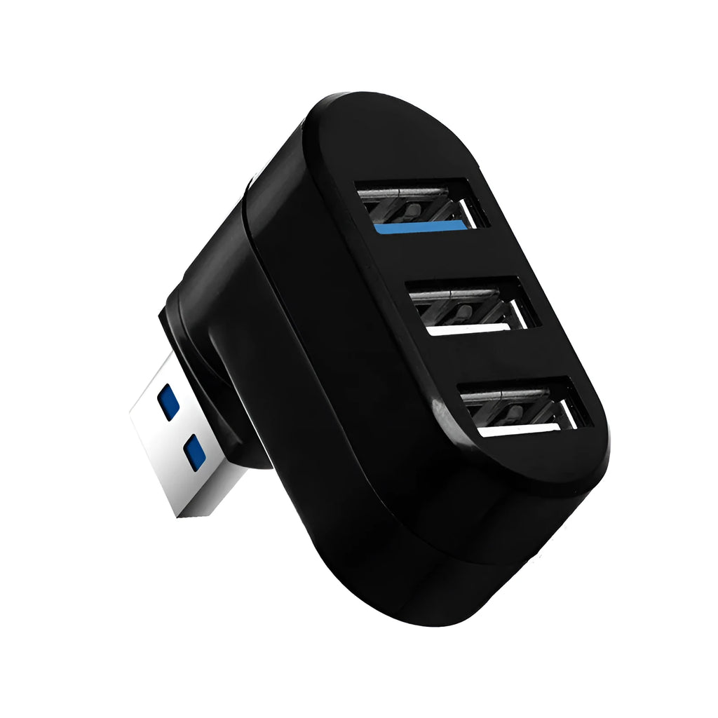 Black or white USB rotary splitter hub with four USB ports on a blister card.