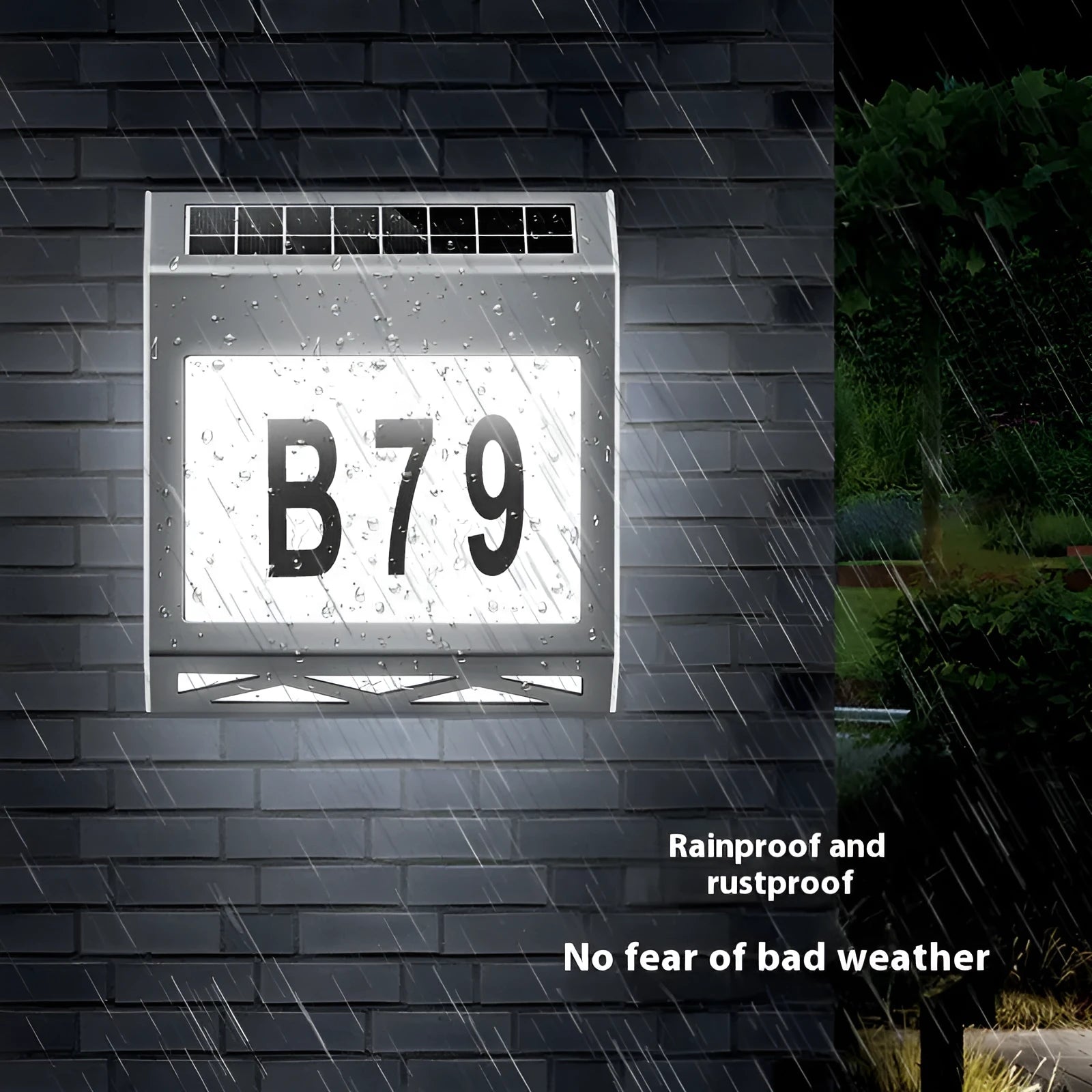 Black solar powered doorplate light with digital LED display showing house numbers