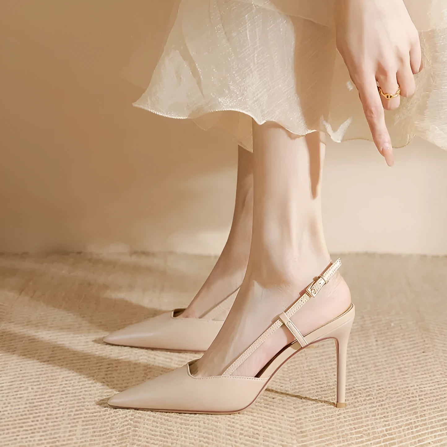 Women's Apricot high-heeled sandals with single strap buckle toe design and thin belt detailing
