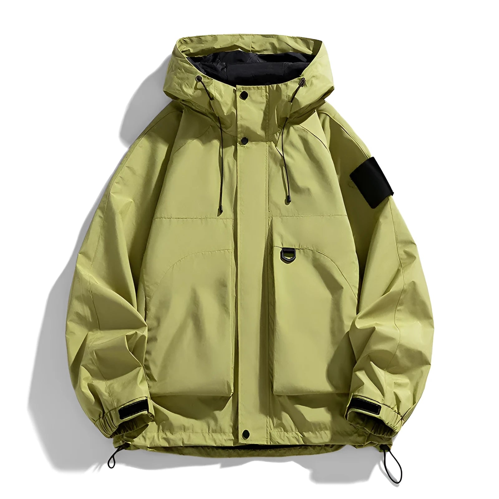 Men's waterproof windproof hooded jacket in polyester chemical fibre blend fabric