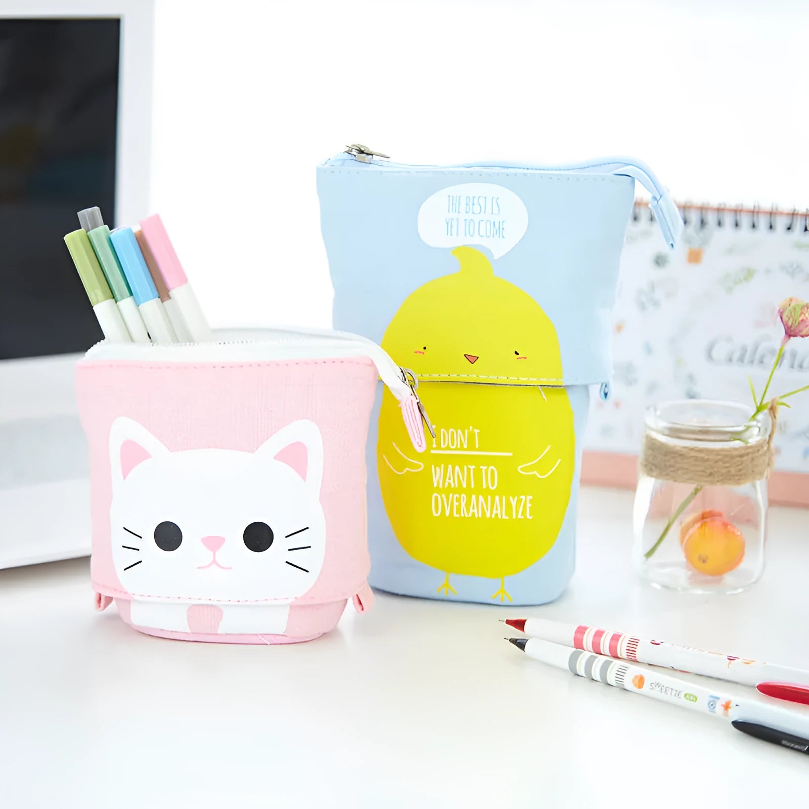 Round canvas pencil bag with cartoon pattern measuring 19cm long by 7.5cm wide by 12.5cm high