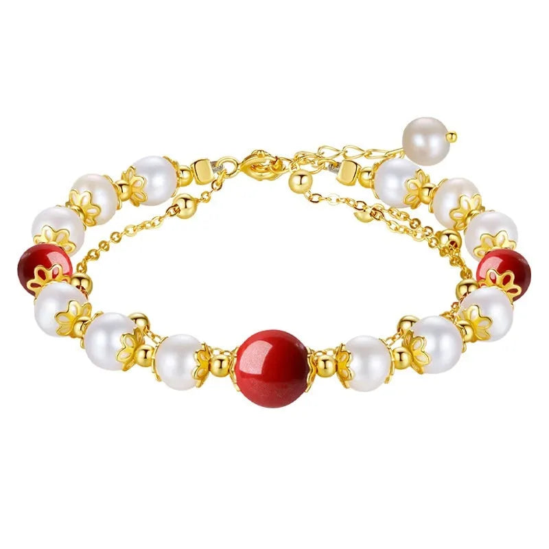 Sterling silver double-layer bracelet with freshwater pearl geometric beans in cinnabar red and white moonlight colours