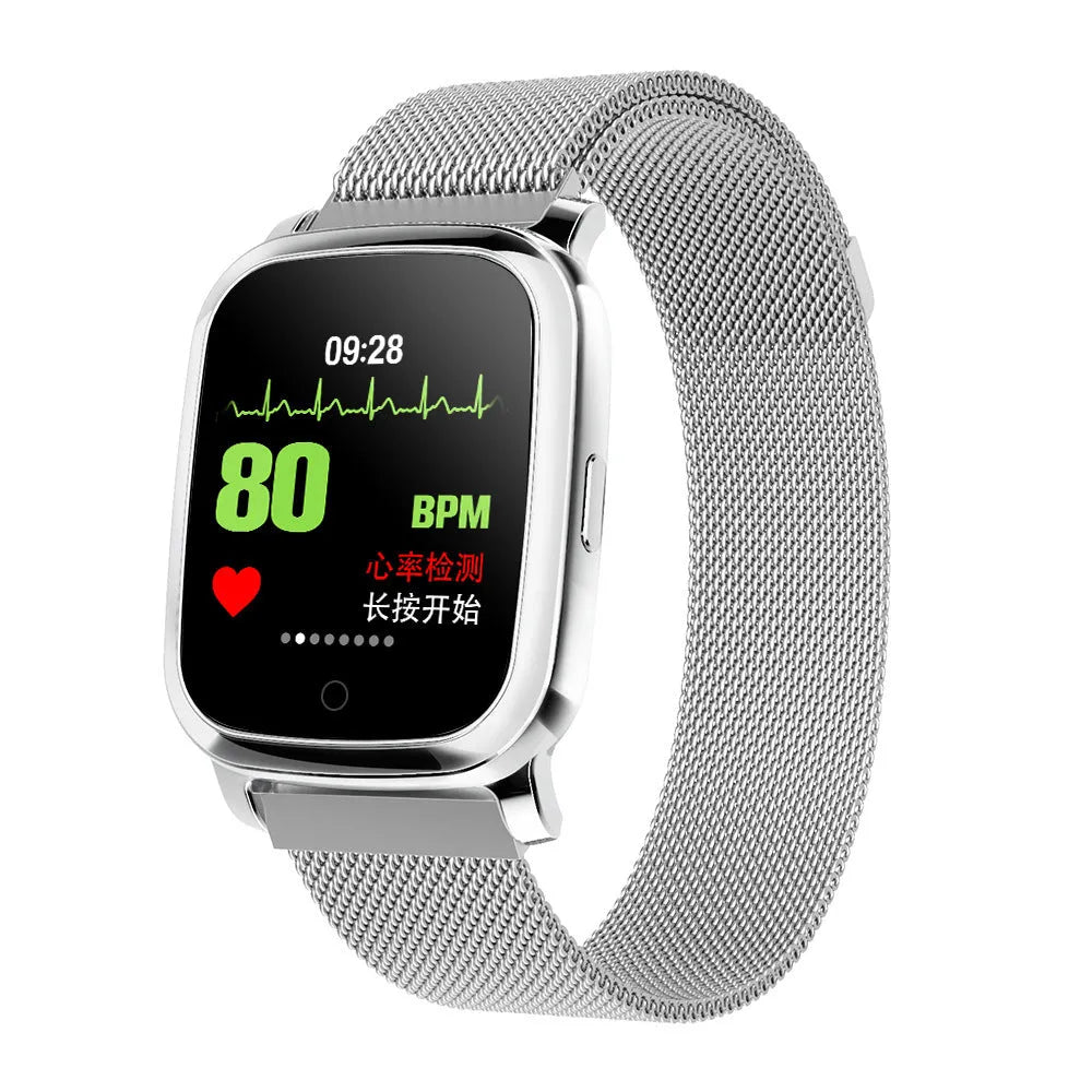 Black and silver smart pedometer watch with temperature display on 1.3-inch screen.