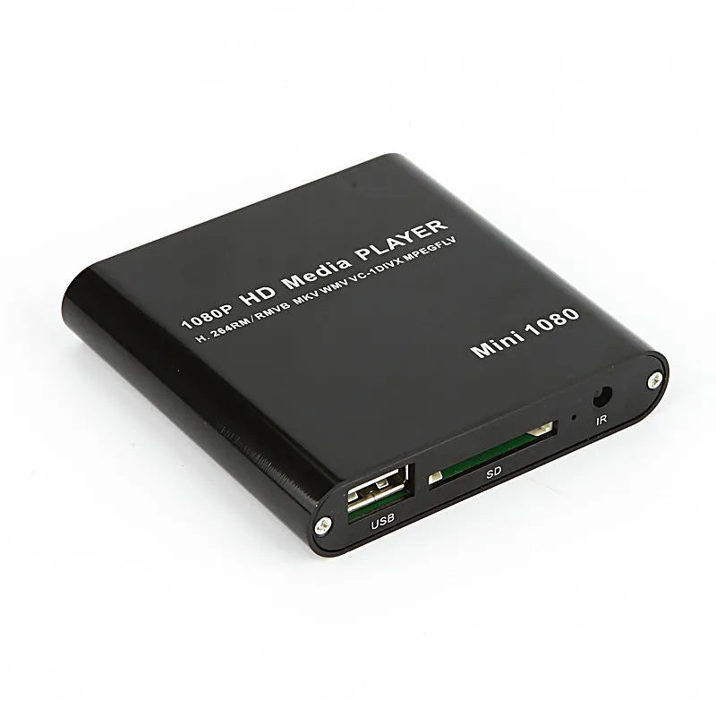Compact black and blue all-metal 1080P Full HD media player with remote control