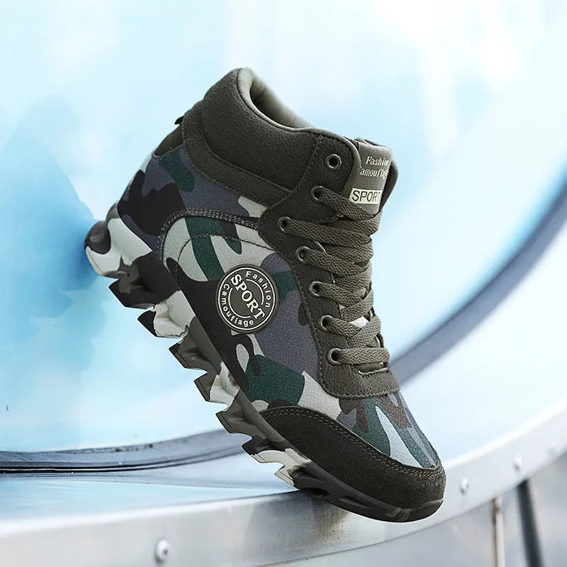 Women's green camouflage canvas sneakers with rubber soles showing slip-on casual style