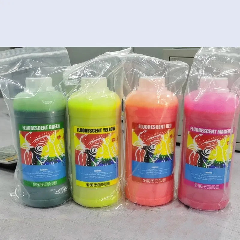 Fluorescent sublimation ink bottles for PET film printing in red, yellow, orange, green colours