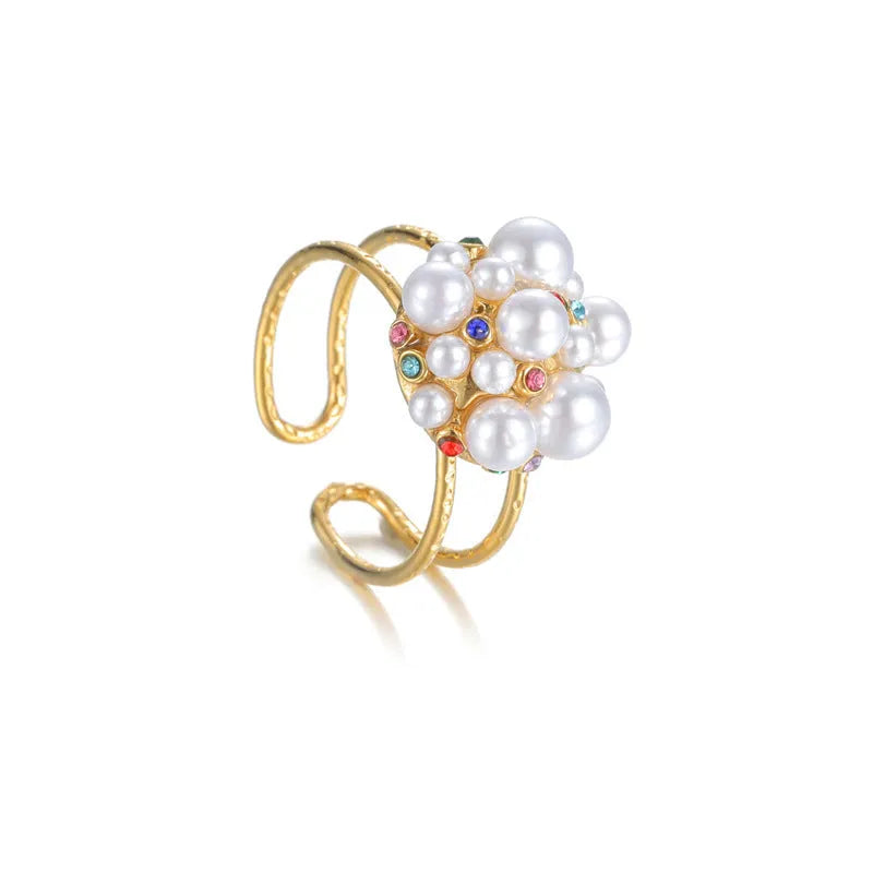 Pearl and zircon stainless steel open ring for women in heart or round design