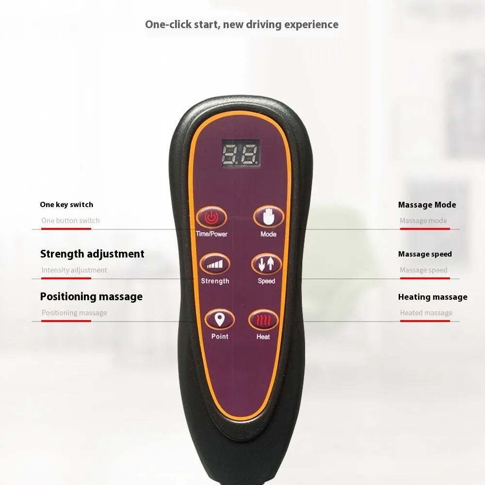Full body massage car mat with handheld remote and artificial leather surface showing hot compress controls