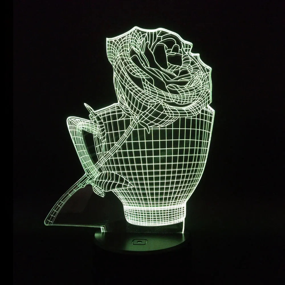 3D rose-shaped LED night light on a black base showing multiple colour options