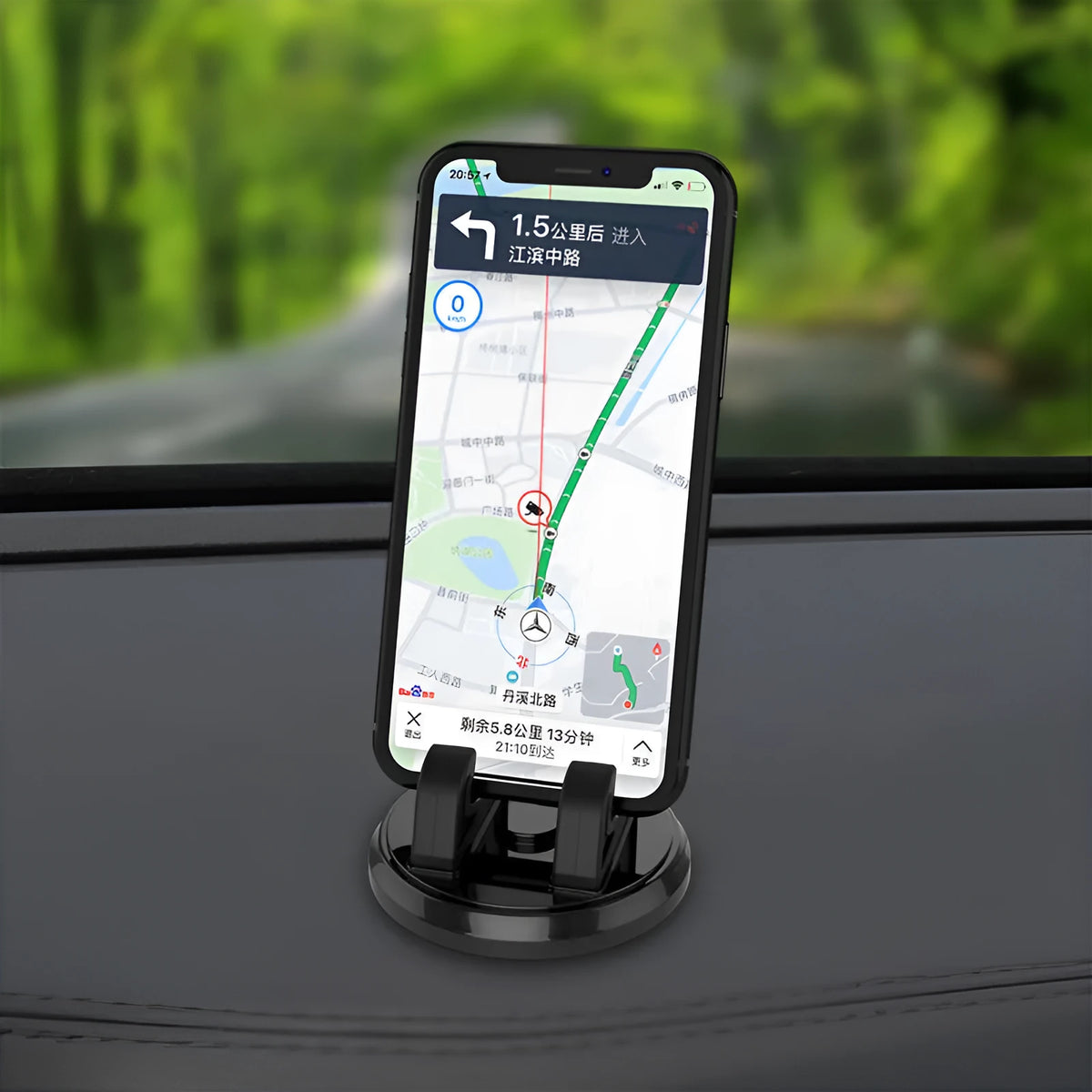 New car phone holder in black mounted on a car dashboard for navigation use