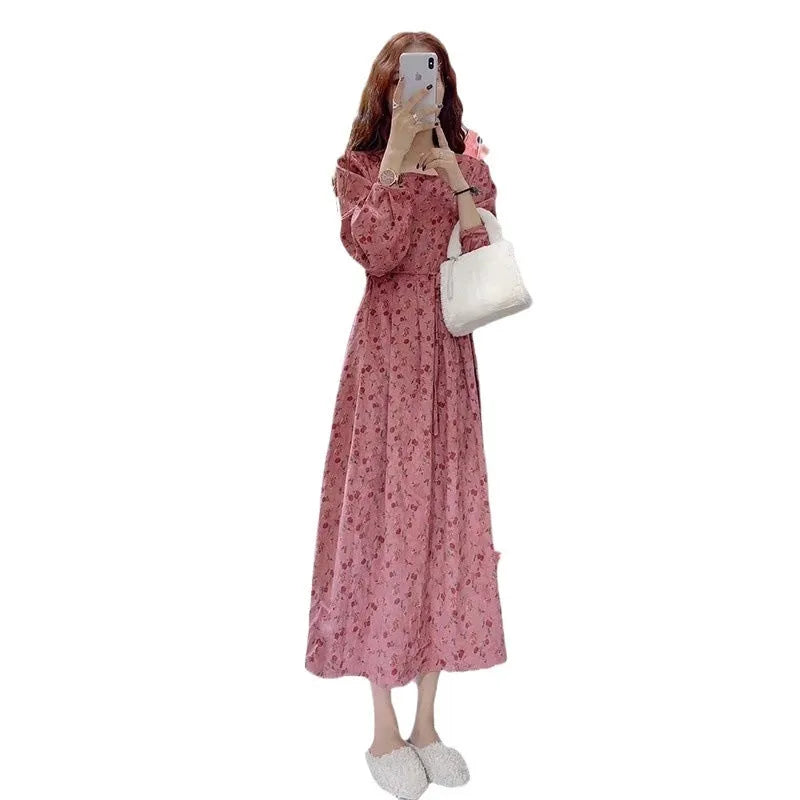 Red floral pattern cotton knit dress with elastic high waist and three-quarter princess sleeves.