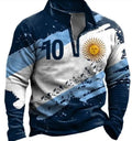 Man modelling a men's long-sleeved retro print golf t-shirt with zip decoration in a loose fit.