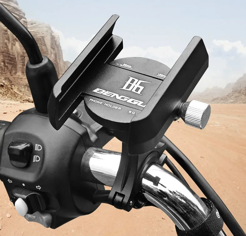 CNC aluminium bicycle phone holder mounted on handlebar with mobile phone