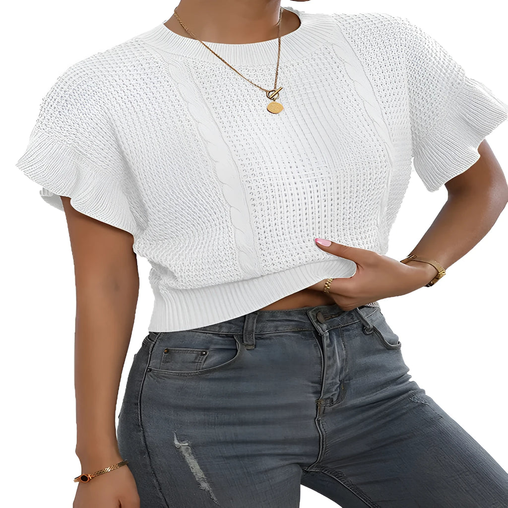 Women's loose knitted pullover sweater with ruffled short sleeves in dark brown.
