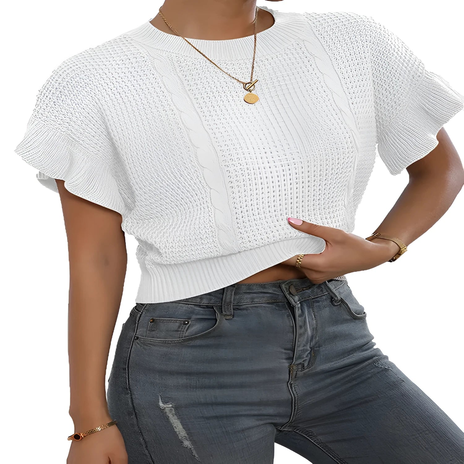 Women's loose knitted pullover sweater with ruffled short sleeves in dark brown.