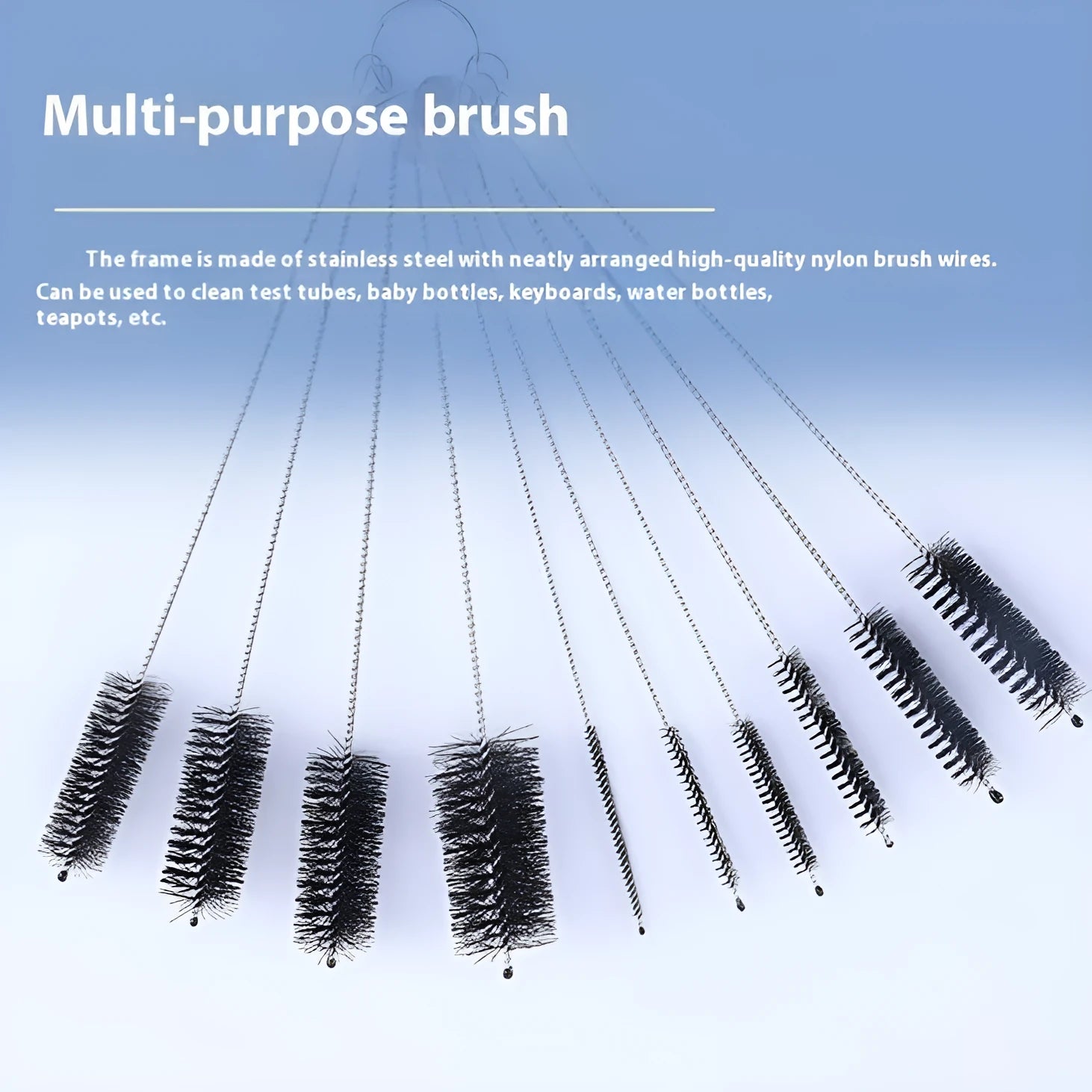 Nylon cleaning brush set with stainless steel handles for straws and bottles in multiple pack sizes