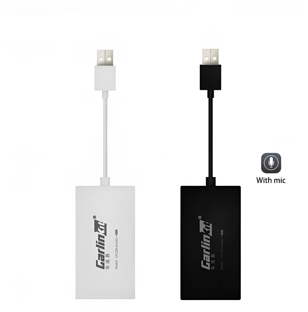 Black Wireless CarPlay USB dongle for connecting iPhone to Android car stereo systems.