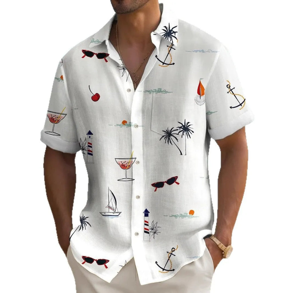 Man wearing a loose-fit, short-sleeve Hawaiian shirt with a digital floral print.