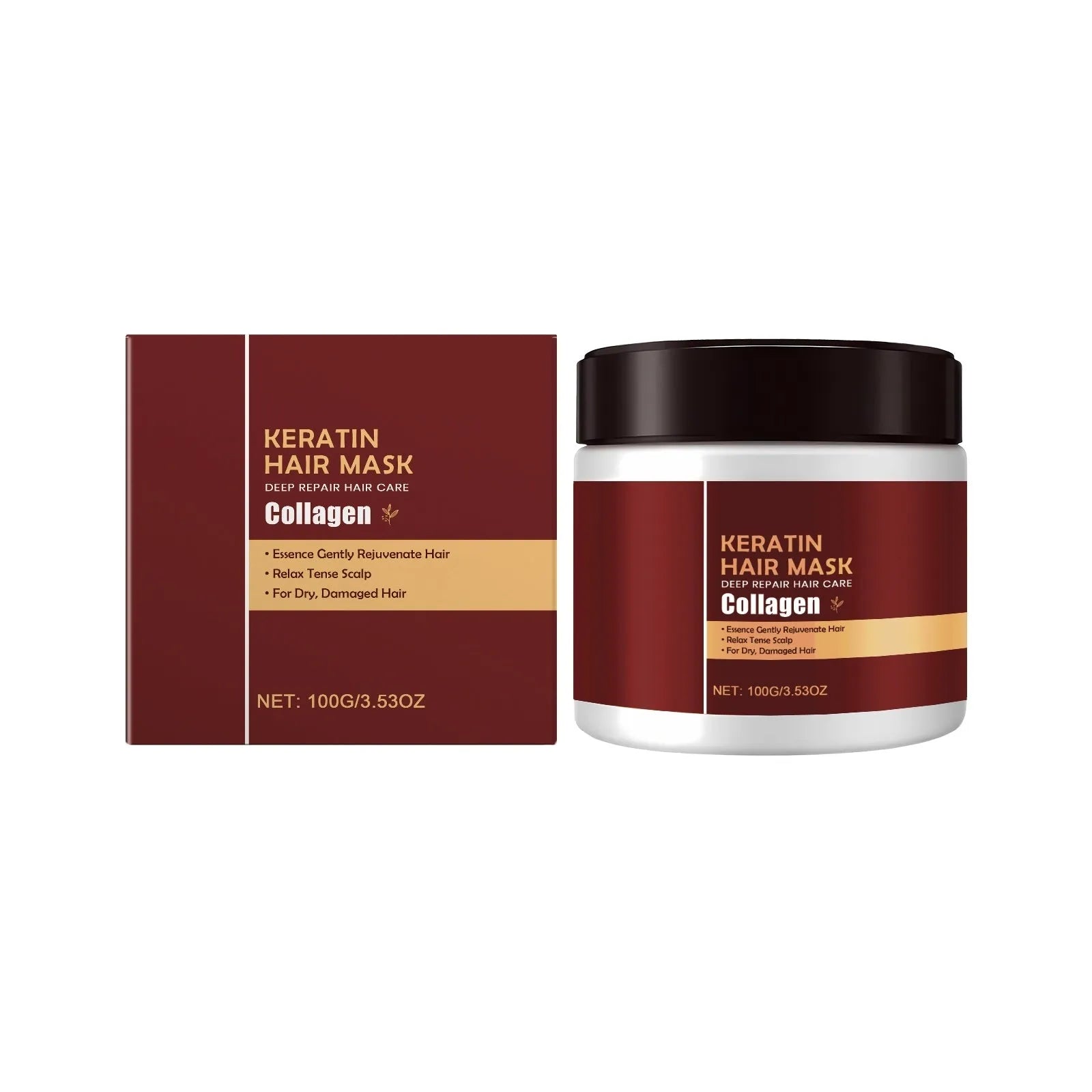 100g tub of nourishing hair mask with hydrolysed keratin and collagen in a white cube.