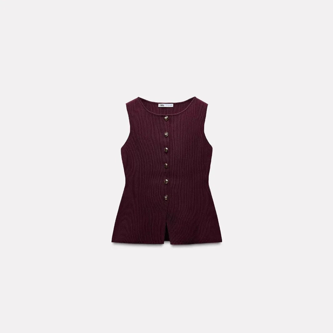 Dark red slim fit sweater vest with gold buttons and 3D patterns, sleeveless cardigan design