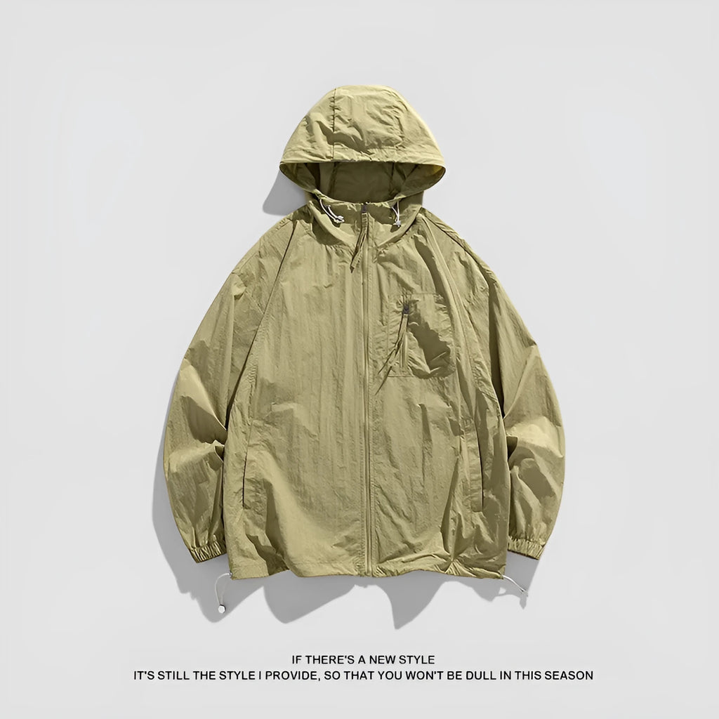 Light grey hooded sun protection jacket for men and women made from stretchy Lycra spandex fabric.