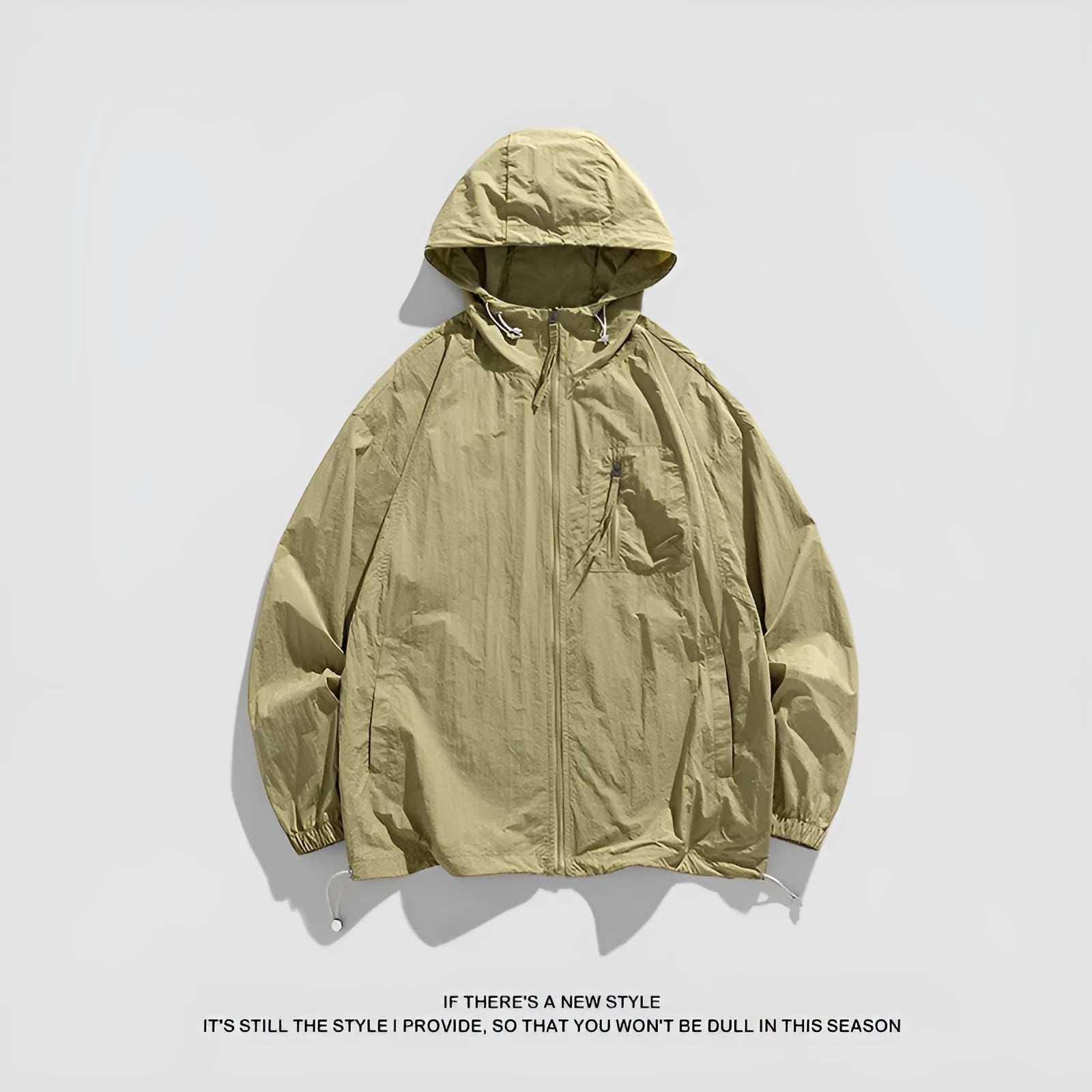 Light grey hooded sun protection jacket for men and women made from stretchy Lycra spandex fabric.