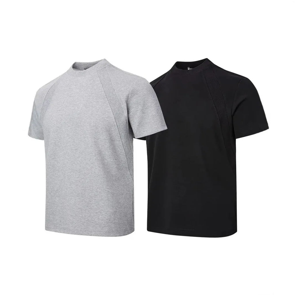 Loose fit short sleeve top with textured air layer stitching on polyester fabric.