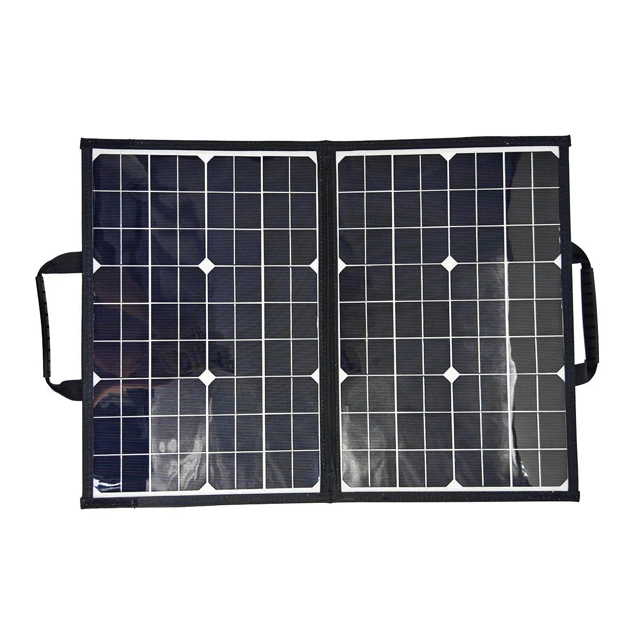 Black 40W folding bag portable solar panel shown folded, for outdoor camping and emergency charging.