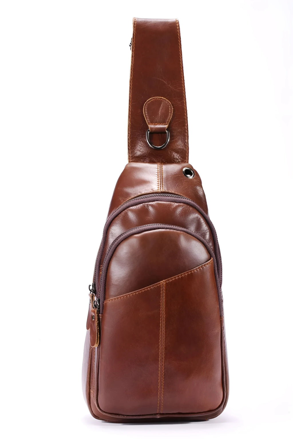Men's brown cowhide leather crossbody bag with visible stitching and zip closure laid flat on a surface