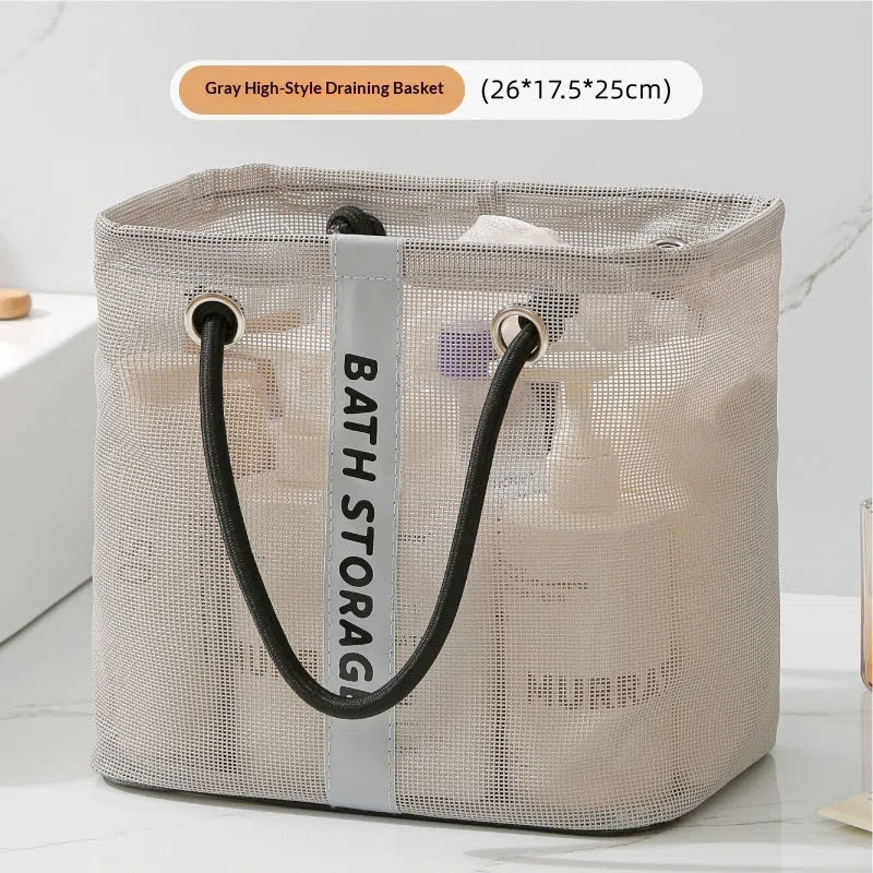 Foldable mesh grid storage bag in gray or black, short or long style, for travel toiletries and small items.