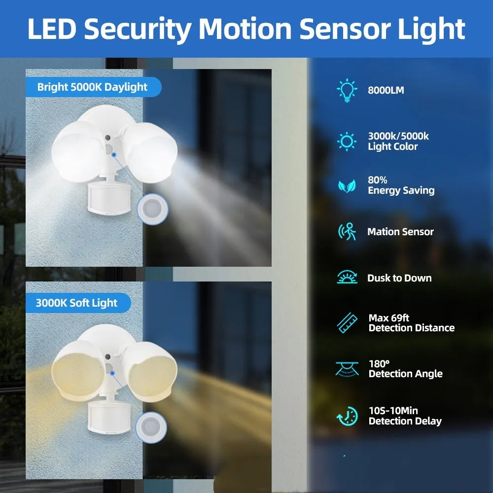 White outdoor LED security flood light with motion sensor mounted on a wall.