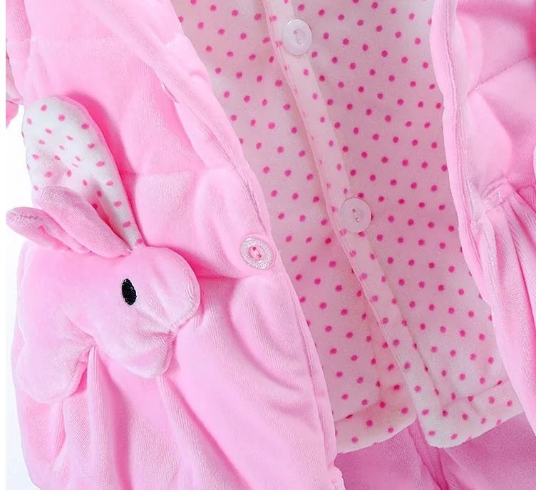 Girls' pink three-piece autumn clothing set with jacket, trousers, and vest made from flannel and cotton.