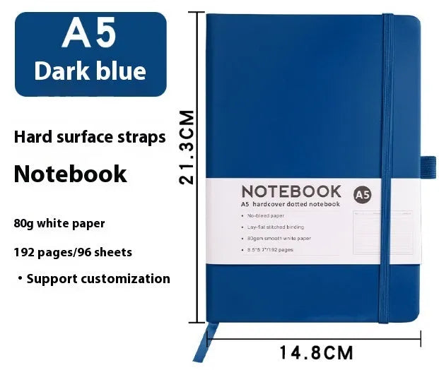 A5 soft touch PU leather strap diary open showing lined pages, closed with elastic band, in a choice of colours.