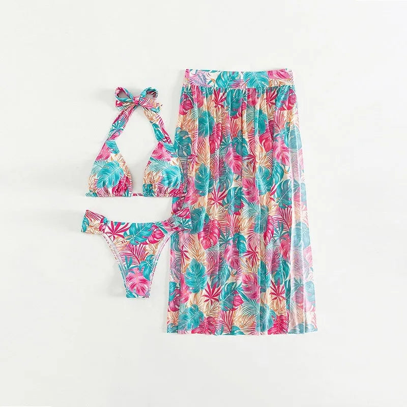 Women's floral printed mesh beach skirt swimsuit set with split cover-up in polyester, three pieces, size S to XL